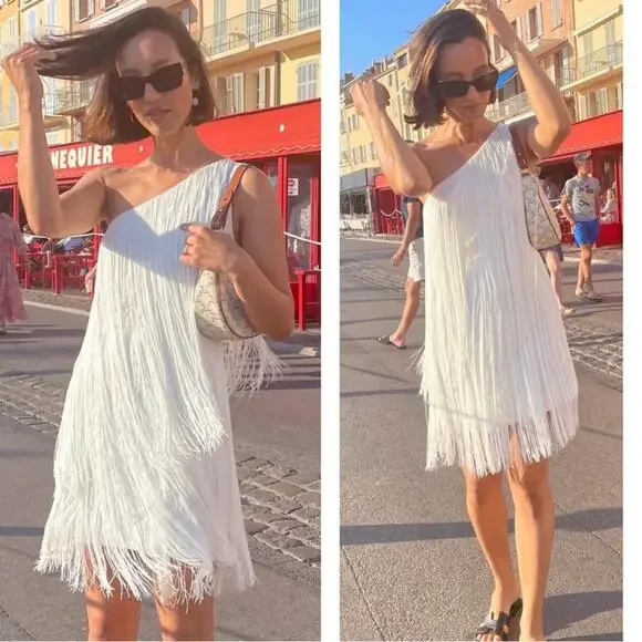 NO PISE LA GRAMA Cascada One Shoulder Fringe Satin White Mini Dress Sz 0 - Picture 3 of 11